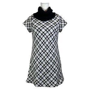 Renee C. Wool Blend Tweed Houndstooth Mini Dress‎ Cowl Neck Size Large Black Wht